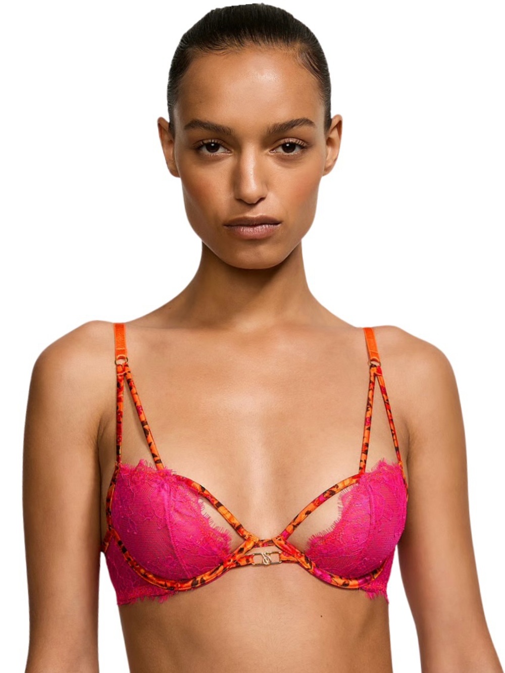 Victoria’s Secret 34D Pink & Orange Tropical Print Satin Lace Demi Bra
